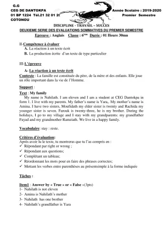 Première page de Anglais 6e — 2e évaluation sommative, 1er semestre (2019-2020) · CEG Dantokpa