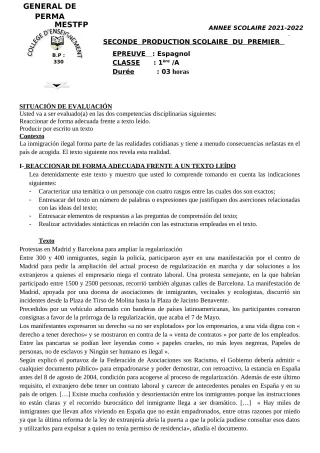 Première page de Espagnol 4e, 3e, 2nde A, 1ère A, Tle A — 2e production scolaire, 1er semestre (2021-2022) · CEG Perma