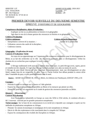 Première page de Histoire-Géographie 3e, 3e ML — 1er devoir surveillé, 2e semestre (2020-2021) · CEG FIYEGNON