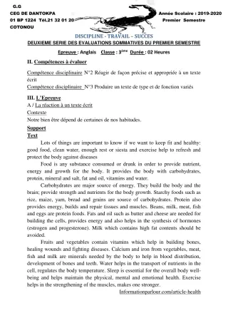 Première page de Anglais 3e, 3e ML — 2e évaluation sommative, 1er semestre (2019-2020) · CEG Dantokpa
