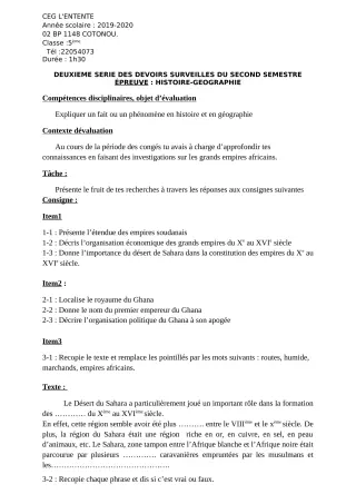 Première page de Histoire-Géographie 5e — 2e devoir surveillé, 2e semestre (2019-2020) · CEG L'Entente