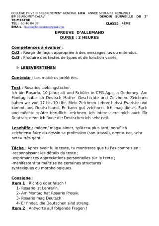 Première page de Allemand 4e, 4e ML — 1er devoir surveillé (2020-2021) · CPEG LICA