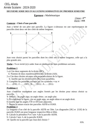 Première page de Mathématiques 6e, 5e, 4e, 4e ML, 3e, 3e ML, 2nde A & B, 2nde D, 1ère B, 1ère D — 2e évaluation sommative, 1er semestre (2019-2020) · CEG 2 Allada