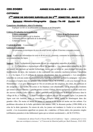 Première page de Histoire-Géographie 4e ML, Tle A1, Tle A2, Tle B — 1er devoir surveillé, 2e semestre (2018-2019) · CEG ZOGBO