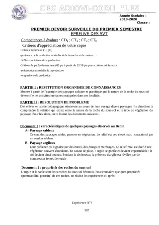 Première page de SVT 4e — 1er devoir surveillé, 1er semestre (2019-2020) · CEG ADJOVICODJI 'LES OLIVIERS'