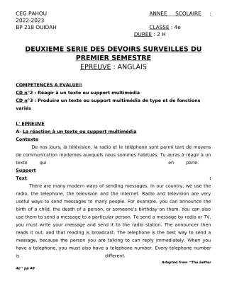 Première page de Anglais 4e — 2e devoir surveillé, 1er semestre (2022-2023) · CEG PAHOU