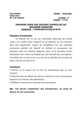 Première page de Français 5e — 1er devoir surveillé, 2e semestre (2020-2021) · CEG PAHOU