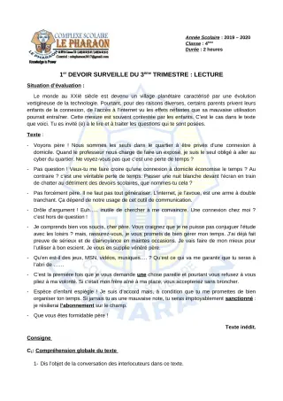 Première page de Français 4e, 4e ML — 1er devoir surveillé, 3e trimestre (2019-2020) · CPEG LE PHARAON