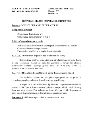 Première page de SVT 3e, 3e ML — 2e devoir surveillé, 1er trimestre (2021-2022) · CEPG La Prunelle de Dieu