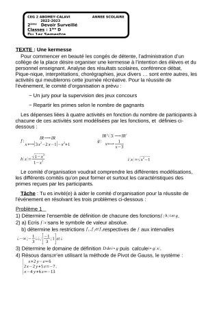 Première page de Mathématiques 1ère D — Devoir surveillé, 1er semestre (2022-2023) · CEG2 ABOMEY - CALAVI (CEG ZOCA)
