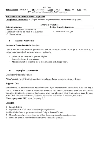 Première page de Histoire-Géographie Tle A1, Tle A2 — 1er devoir surveillé, 2e semestre (2018-2019) · CEG TOUI
