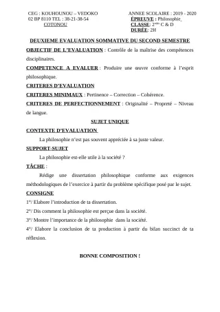 Première page de Philosophie 2nde C, 2nde D — 2e évaluation sommative, 2e semestre (2019-2020) · CEG Kouhounou-Vêdoko