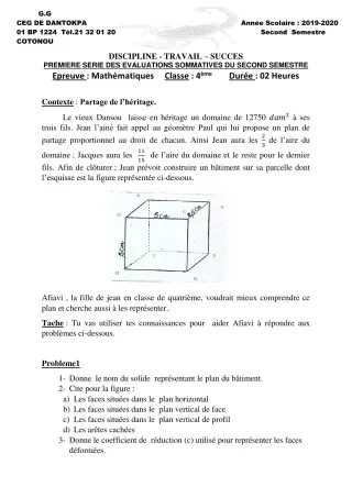 Première page de Mathématiques 4e, 4e ML, 4e ML&MC — 1re évaluation sommative, 2e semestre (2019-2020) · CEG Dantokpa