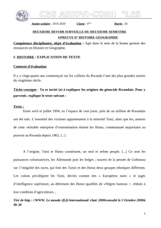 Première page de Histoire-Géographie 4e, 4e ML — 2e devoir surveillé, 2e semestre (2019-2020) · CEG ADJOVICODJI 'LES OLIVIERS'