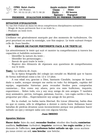 Première page de Espagnol 3e, 1ère A2, 1ère B, Tle A2, Tle B — Évaluation sommative, 1er trimestre (2023-2024) · CPEG SAINT Justin