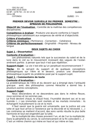 Première page de Philosophie 1ère A2, 1ère B — 1er devoir surveillé, 1er semestre (2019-2020) · CEG du Lac