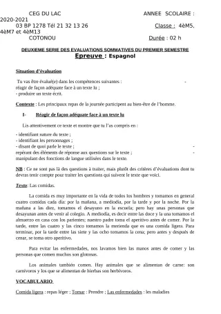 Première page de Espagnol 4e — 2e évaluation sommative, 1er semestre (2020-2021) · CEG du Lac