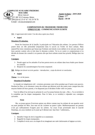 Première page de Français 6e, 5e, 4e, 4e ML — Composition, 3e trimestre (2019-2020) · CPEG Frédéric Macaire