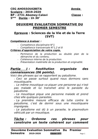 Première page de SVT 5e — 2e évaluation sommative, 1er semestre (2019-2020) · CEG Ahossougbéta