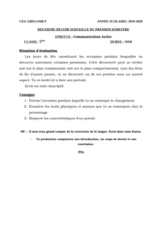 Première page de Français 5e — 2e devoir surveillé, 1er semestre (2019-2020) · CEG GBEGAMEY