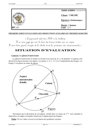 Première page de Mathématiques 4e ML&MC — Production scolaire, 1er semestre (2019-2020) · CEG2 TANGUIETA