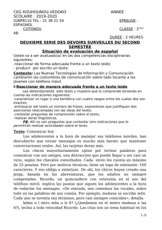 Première page de Espagnol 2nde A1, 2nde A2, 2nde B — 2e devoir surveillé, 2e semestre (2019-2020) · CEG Kouhounou-Vêdoko