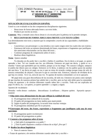 Première page de Espagnol 1ère A1, 1ère A2, Tle B — 1er devoir surveillé, 1er semestre (2021-2022) · CEG ZONGO