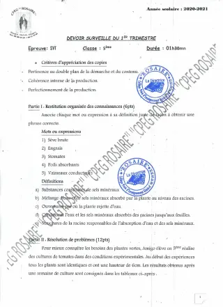 Première page de SVT 5e — Devoir surveillé, 1er trimestre (2020-2021) · CPEG ROSAIRE
