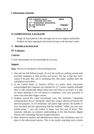 Première page de Anglais 1ère C — 2e évaluation sommative, 1er semestre (2022-2023) · CEG2 ABOMEY - CALAVI (CEG ZOCA)