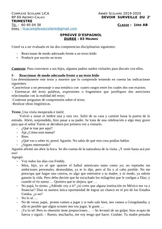 Première page de Espagnol 1ère A2, 1ère B — Devoir surveillé, 1er trimestre (2019-2020) · CPEG LICA