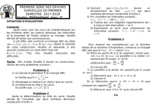 Première page de Mathématiques 3e — 1er devoir surveillé, 1er semestre (2017-2018) · CEG1 Covè