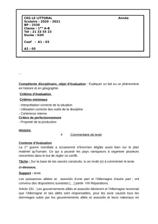 Première page de Devoir surveillé de HIST-GEO — 6e, 5e, 4e, 4e ML, 3e, 3e ML, 2nde A, 2nde A & B, 2nde A1, 2nde A2, 2nde B, 2nde C, 2nde D, 1ère A1, 1ère A2, 1ère B, 1ère C, 1ère D, Tle A1, Tle A2, Tle B, Tle C, Tle D