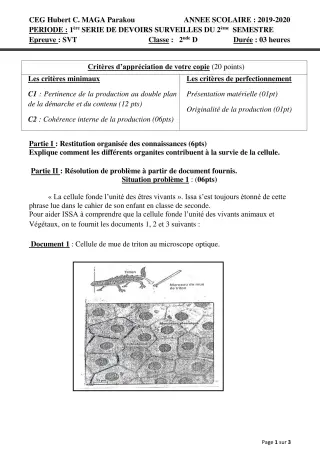 Première page de SVT 2nde D — 1er devoir surveillé, 2e semestre (2019-2020) · CEG Hubert C. MAGA