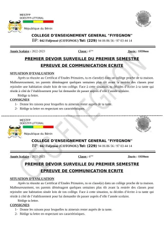 Première page de Français 6e — 1er devoir surveillé, 1er semestre (2022-2023) · CEG FIYEGNON