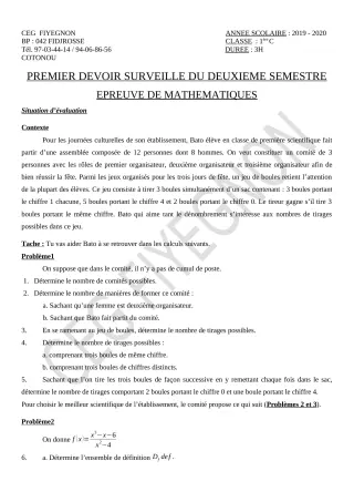Première page de Mathématiques 1ère C — 1er devoir surveillé, 2e semestre (2019-2020) · CEG FIYEGNON