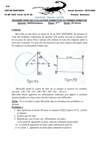 Première page de Mathématiques 5e — 2e évaluation sommative, 1er semestre (2019-2020) · CEG Dantokpa