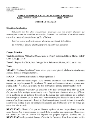 Première page de Français 2nde A1, 2nde A2, 2nde B, 2nde C, 2nde D, 1ère A1 — 1er devoir surveillé, 1er semestre (2021-2022) · CEG LE NOKOUE