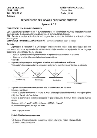 Première page de PCT 5e — 1er devoir surveillé, 2e semestre (2022-2023) · CEG LE NOKOUE