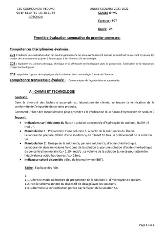 Première page de PCT 3e — 1re évaluation sommative, 1er semestre (2021-2022) · CEG Kouhounou-Vêdoko