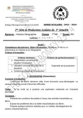 Première page de Histoire-Géographie Tle A & B — 1re production scolaire, 1er semestre (2023-2024) · CEG GOHO