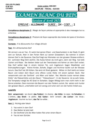 Première page de Examen Blanc de ALLEMAND — 3e ML — CEG Les Pylônes (2020)