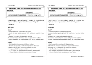 Première page de Histoire-Géographie 5e — 2e devoir surveillé, 1er semestre (2018-2019) · CEG Kpébié