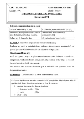 Première page de SVT 1ère C — 1er devoir surveillé, 2e semestre (2018-2019) · CEG Banikanni