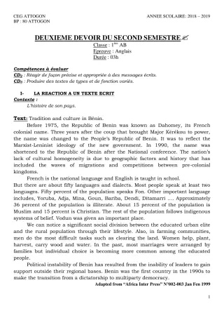 Première page de Anglais 1ère A & B — 2e devoir surveillé, 2e semestre (2018-2019) · CEG Attogon