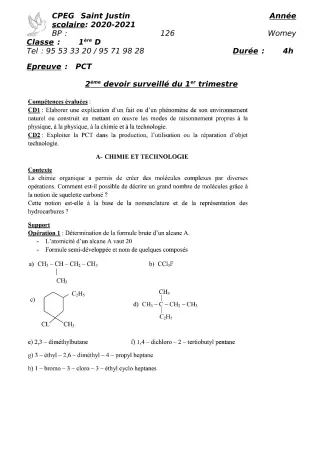 Première page de PCT 1ère D — 2e devoir surveillé, 1er trimestre (2021-2022) · CPEG SAINT Justin