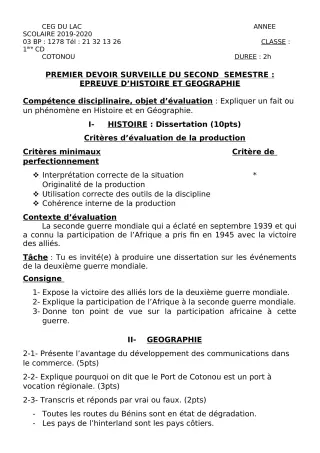 Première page de Histoire-Géographie 1ère C, 1ère D — 1er devoir surveillé, 2e semestre (2019-2020) · CEG du Lac