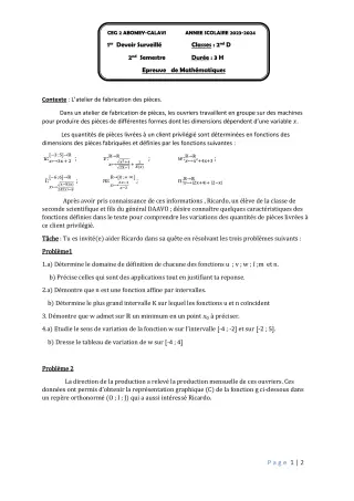 Première page de Mathématiques 2nde D — 1er devoir surveillé, 2e semestre (2023-2024) · CEG2 ABOMEY - CALAVI (CEG ZOCA)