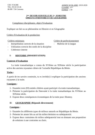Première page de Histoire-Géographie 4e, 4e ML — 2e devoir surveillé, 1er semestre (2019-2020) · CEG Yagbe
