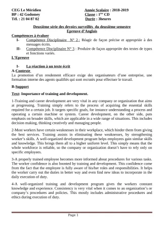 Première page de Anglais 1ère C, 1ère D — 2e devoir surveillé, 2e semestre (2018-2019) · CEG Le Méridien