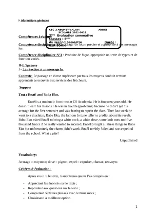 Première page de Anglais 5e — Évaluation sommative, 2e semestre (2021-2022) · CEG2 ABOMEY - CALAVI (CEG ZOCA)